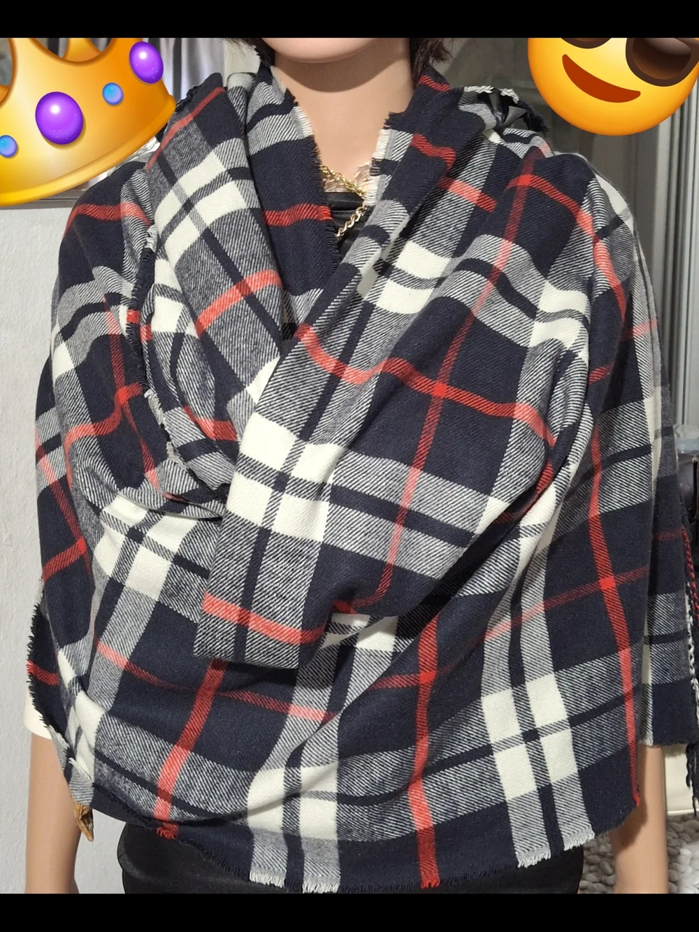 J. Crew Black & White Plaid LADIE Scarf with Red Accents